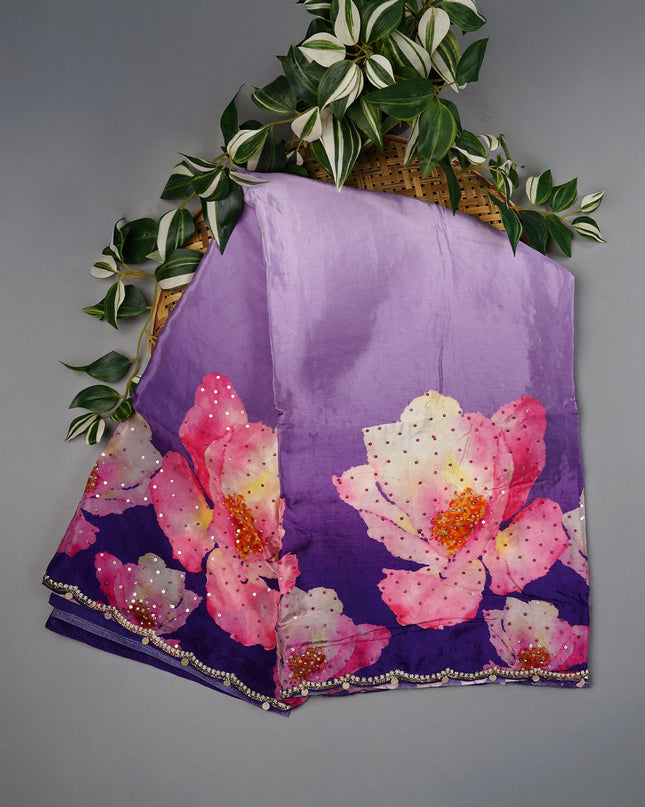 Crepe Saree With Floral Print Scallop Border Kardana Sequence Work - Lavender