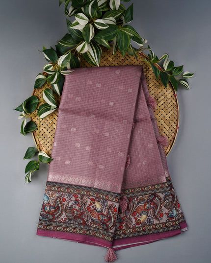 Tissue Kota Sarees with Gold Butties and Contrast Floral Print Border- Onion Pink