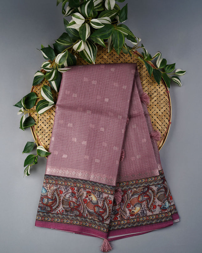 Tissue Kota Sarees with Gold Butties and Contrast Floral Print Border- Onion Pink