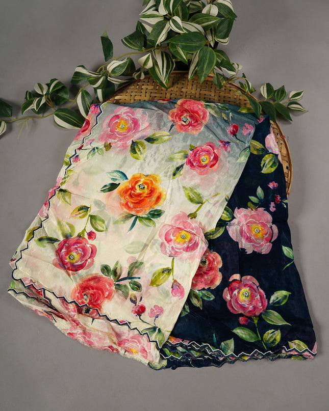 Russian Crape Allover Floral Print Scallop Border With Pearl Work - Navy Blue