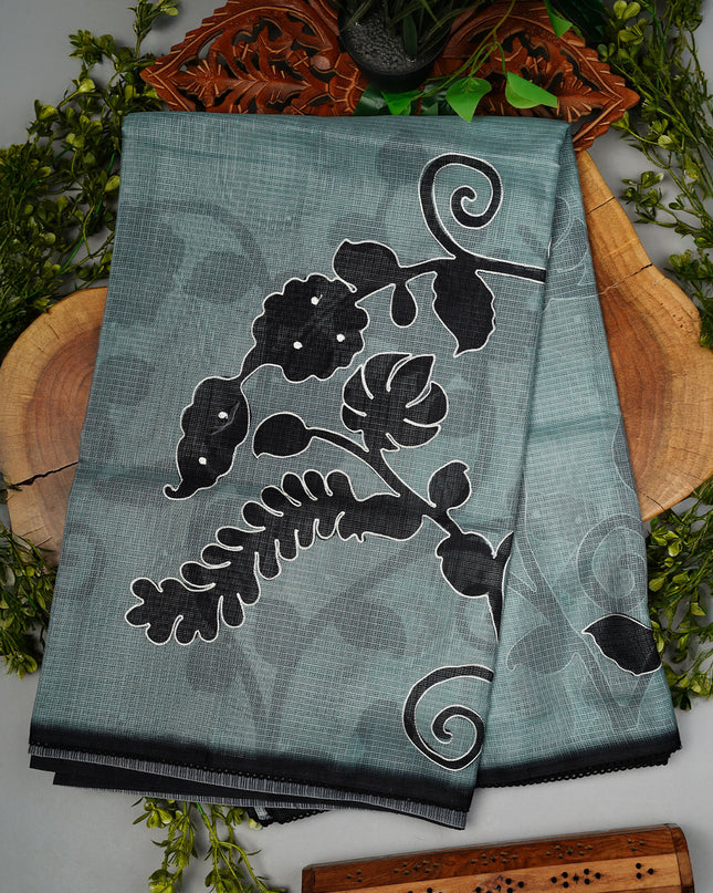 Kota Silk Saree with Floral Print and Ari Work with Lace Border- Mint Green
