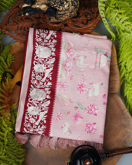 Tusser Silk saree with Parce Work Border - Maroon