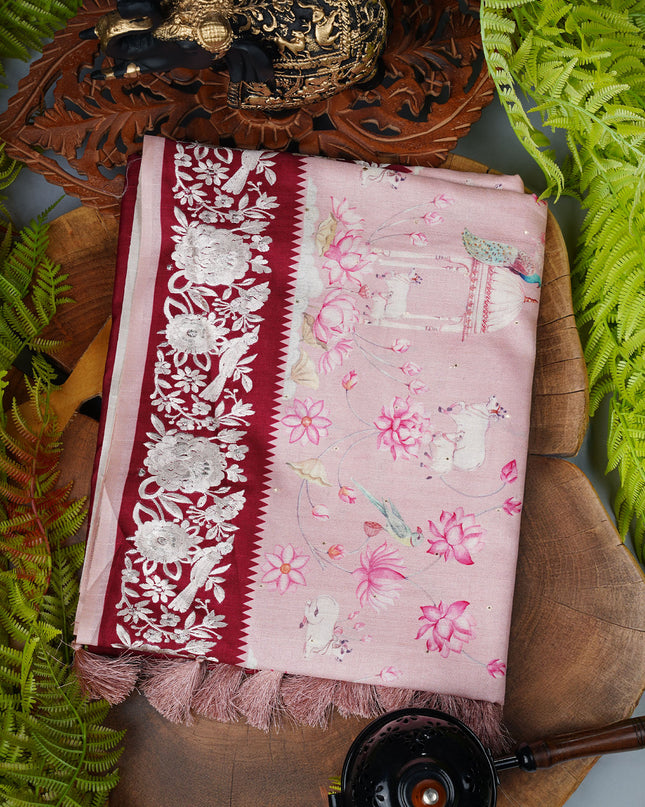 Tusser Silk saree with Parce Work Border - Maroon