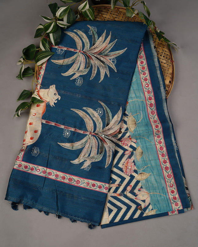 Tusser Silk Allover Mirror Work With Ari - Teal