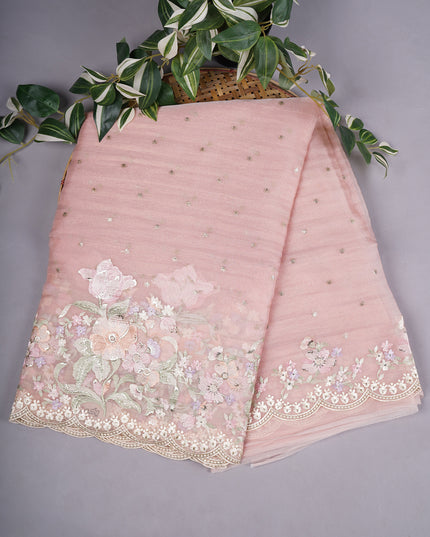 Soft Tissue Organza Silk with Thread Embroidery Scallop Border with Sequence Butties - Light Pink