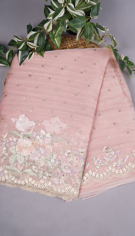 Soft Tissue Organza Silk with Thread Embroidery Scallop Border with Sequence Butties - Light Pink