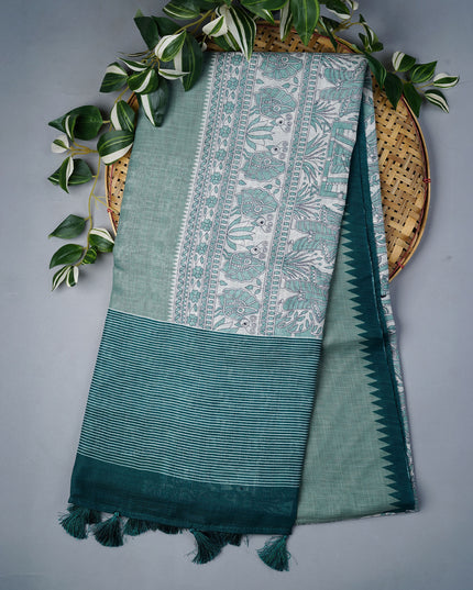 Linen Silk Saree With Madhubani Print With Gold Zari Border - Rama Green