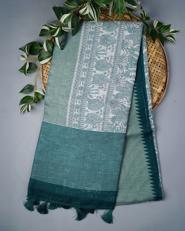 Linen Silk Saree With Madhubani Print With Gold Zari Border - Rama Green