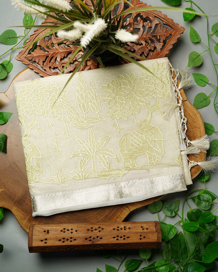 Kota Silk Saree with Mirror and Applique work Silver Border- Green