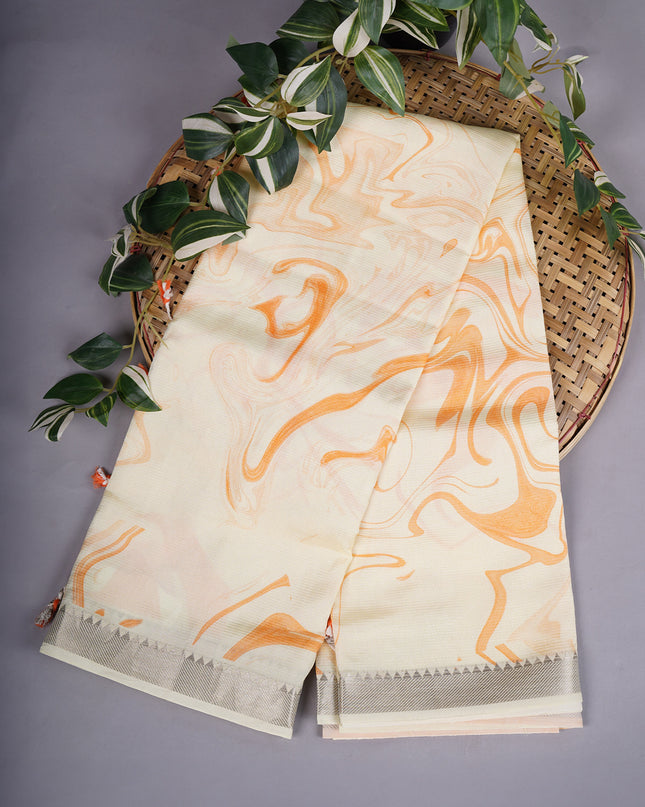 Mangalagiri Shibori Silk With Silver Border - Creme