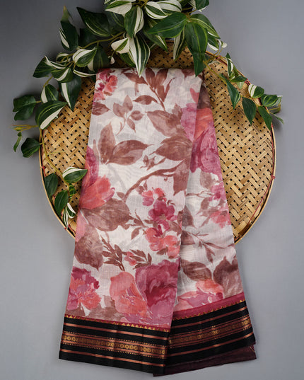 Managalagiri Silk Saree with Floral Print and Contrast Border- Snuff