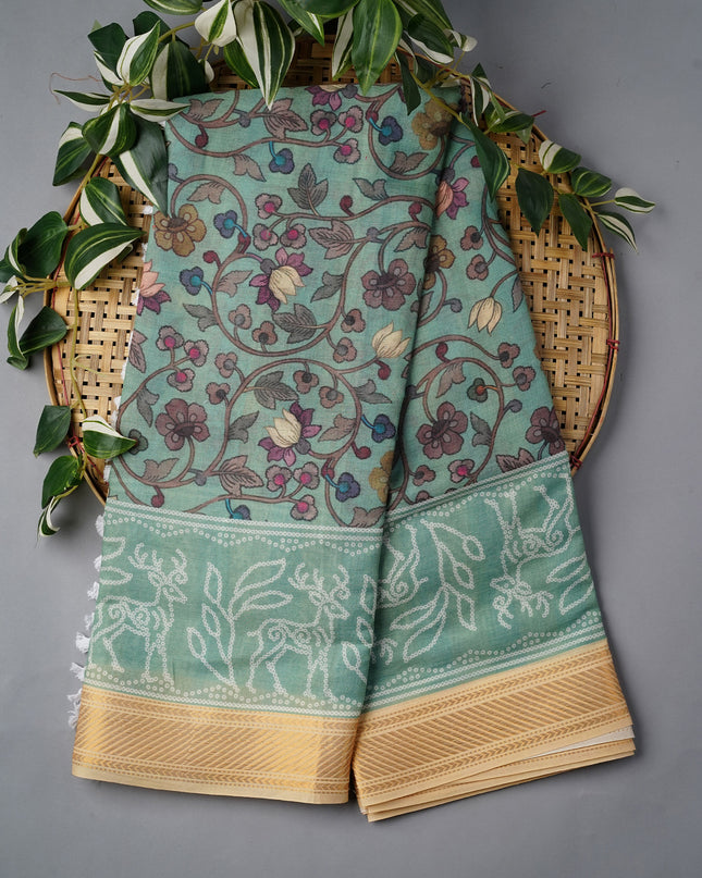 Mangalagiri Cotton Saree Digital Kalamkari Print With Contrast Border - Pista Green