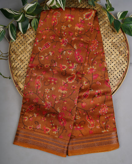 Chanderi Silk Digital Print Antique Zari Border - Tan