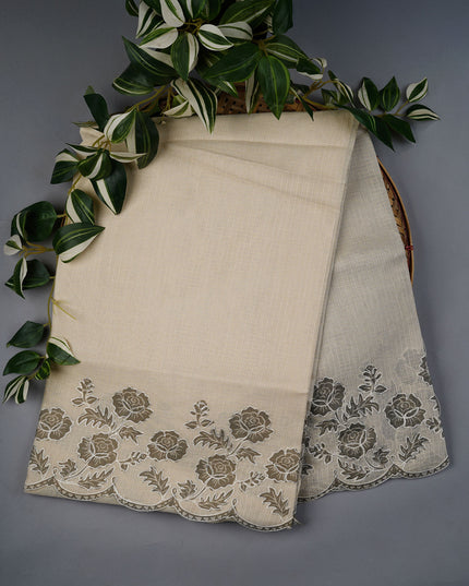 Kota Silk Saree with Thread Embroidery With Scallop Border - Cream & Green