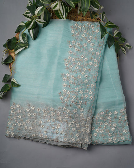 Soft Tissue Organza with Ary Work with Scallop Border- Sky Blue