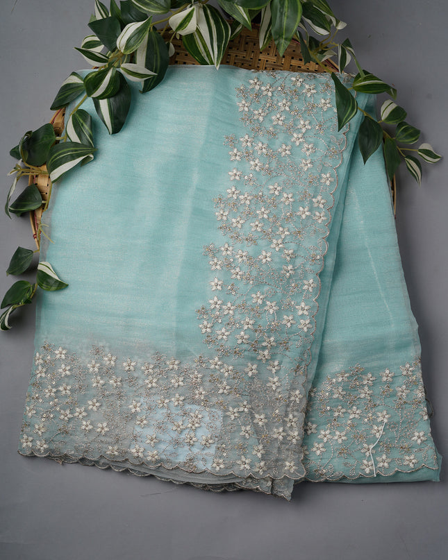 Soft Tissue Organza with Ary Work with Scallop Border- Sky Blue