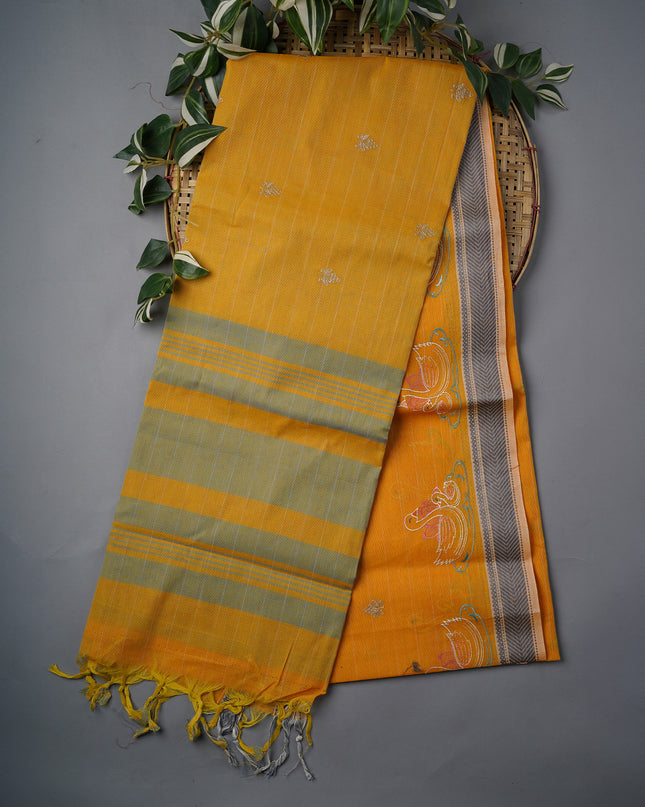 Handloom Cotton Saree With Thread Embroidery Butties Border - Mustered