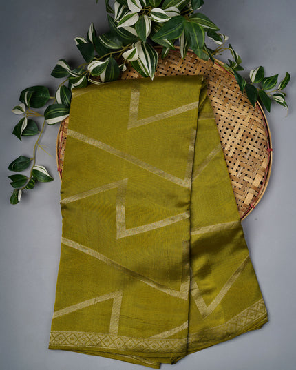 Munga Silk Saree With Gold Zari Border - Mehndi