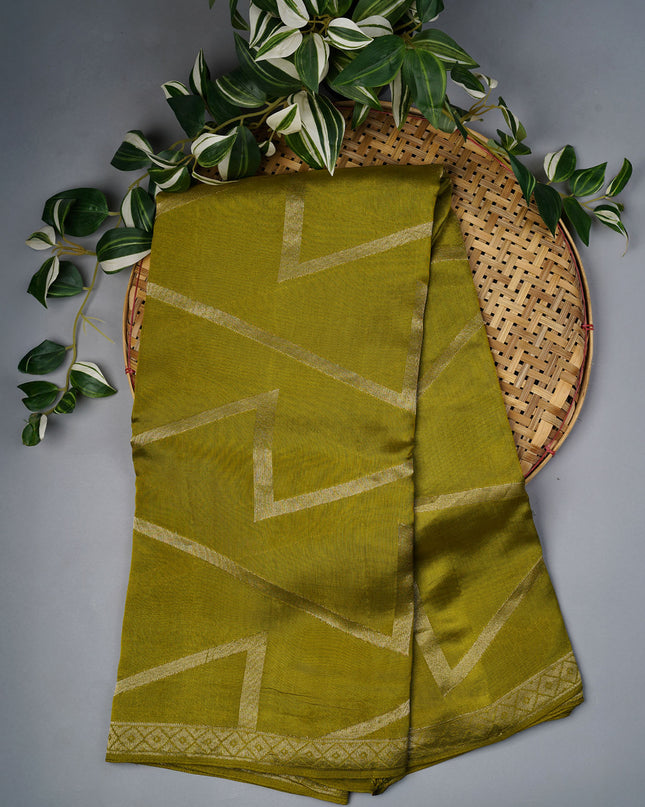 Munga Silk Saree With Gold Zari Border - Mehndi