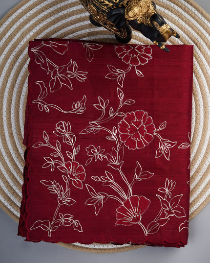 Tusser silk saree with applique and pitta work with scallop border - Maroon