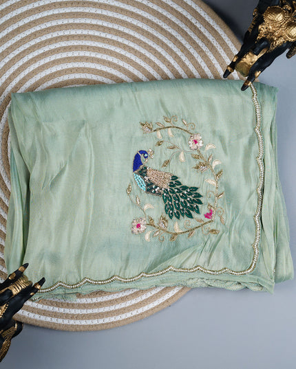 Tissue crepe saree with thread Embroidery work and scallop border - L Green