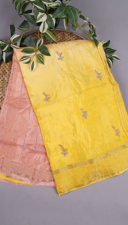 Russian Crepe with Kardhana Sequence Butties and Banaras Border Mustard Yellow