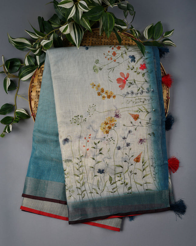Linen Tissue Saree With Floral Print & Knot Work - Beige & Peacock Blue