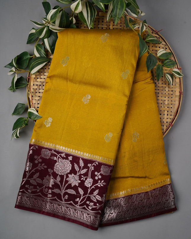 Chanderi Silk With Golden & Silver Zari Butties And Contrast Border - Yellow