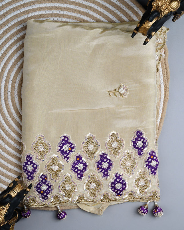 Tissue crepe saree with Embroidery butties and scallop border - Beige