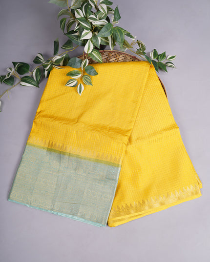 Green Silk Allover Golden Zari Weaving Checks Design with Kanchi Border