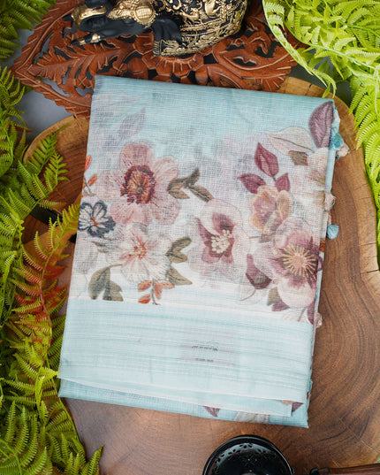 Kota cotton Saree with Floral Print - Sky Blue