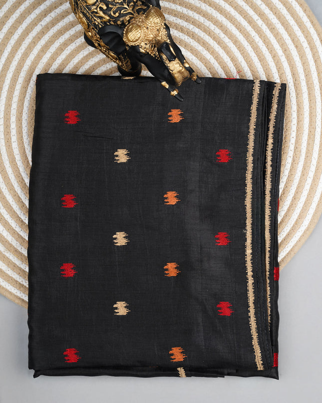 Dupion silk saree with thread butties and border - Black