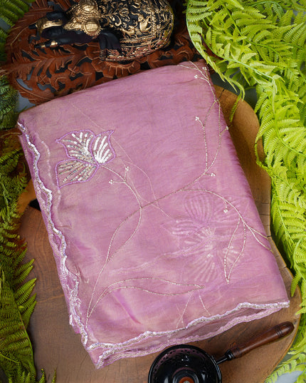 Tissue Organza saree with kardana and sequence work and scallop border. - Lavender