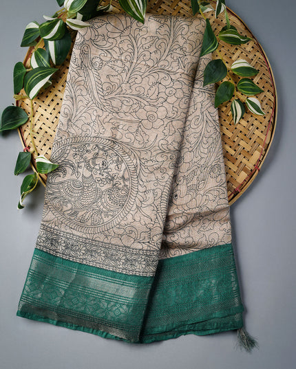 Muslin Silk Saree With Digital Print & Contrast Border  - Beige With Green