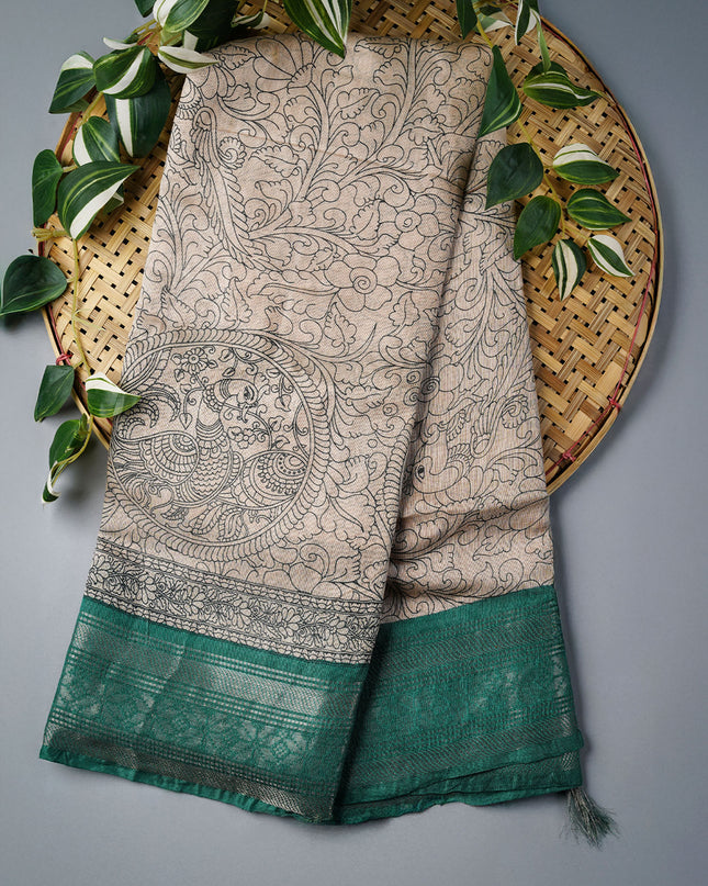Muslin Silk Saree With Digital Print & Contrast Border  - Beige With Green
