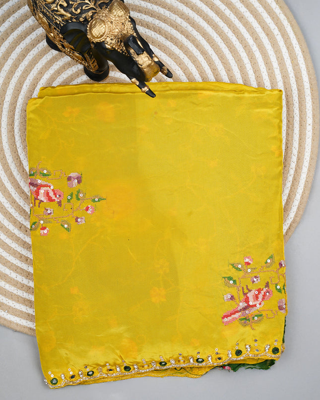 Italian crepe saree with thread Embroidered work butties and scallop border Kardhana work - Yellow