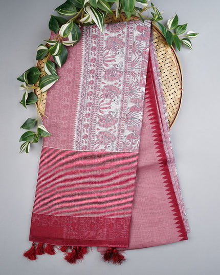 Lenin Silk Saree with Madhubani Print with Contrast Border- Maroon