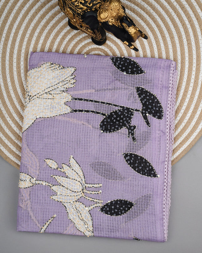Kota saree digital print  with knot work and lace border - Lite Lavender