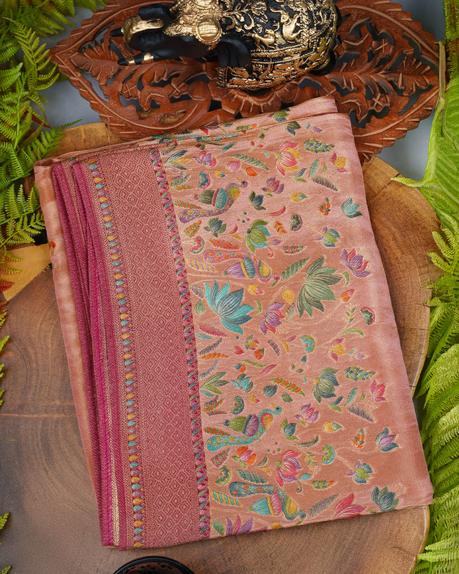 Banaras Silk Saree with Allover Meenakari Weaving and contact Border- Onion Pink