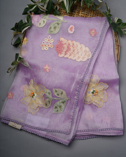 Soft Tissue Organza Silk With Thread Embroidery Work And Lace Border - Lavender