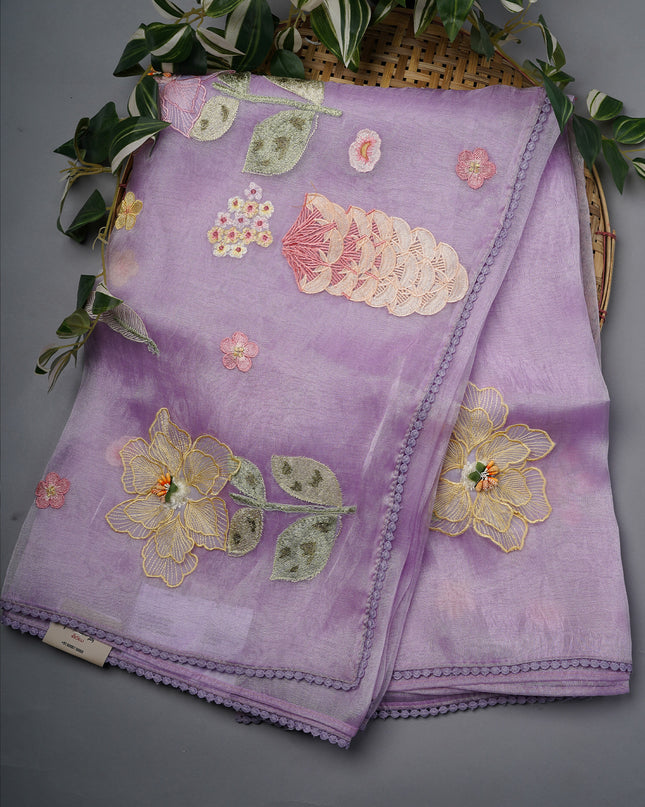 Soft Tissue Organza Silk With Thread Embroidery Work And Lace Border - Lavender