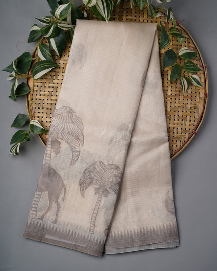 Silk Kota Saree With Ari Work Border - Beige