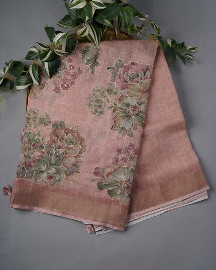Tissue Linen Saree With Floral Print And Kantha Work And Gold Zari Border - Peach