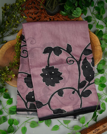 Kota Silk Saree with Floral Print and Ari Work and Lace Border- Onion Pink