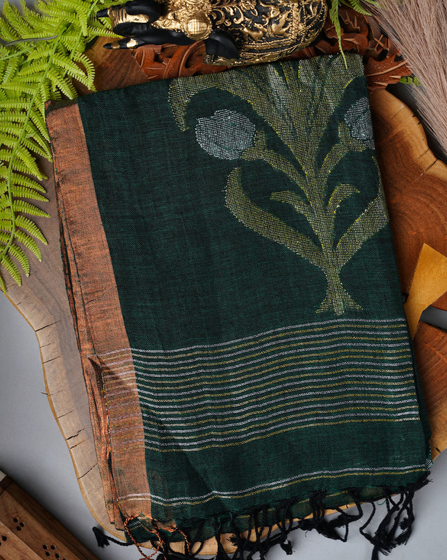 Lenin Cotton Saree with Gold and Silver Butties and Contrast Border- B Green