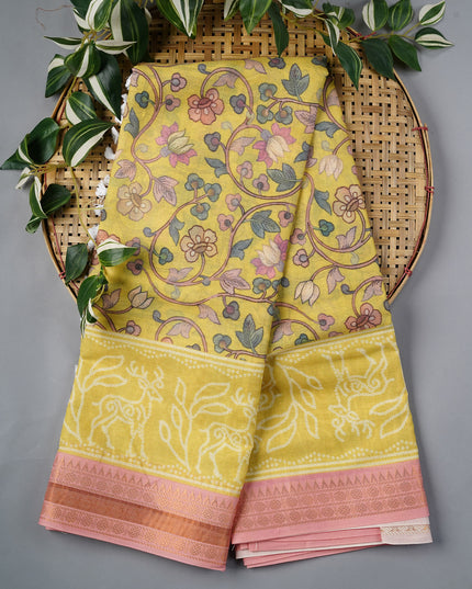 Mangalagiri Cotton Saree Digital Kalamkari Print With Contrast Border - Yellow & Green