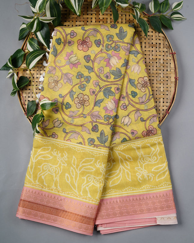 Mangalagiri Cotton Saree Digital Kalamkari Print With Contrast Border - Yellow & Green