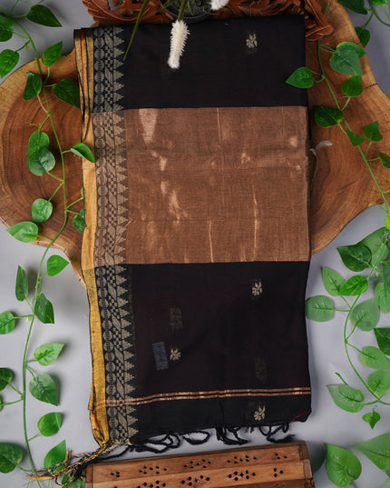 Handloom Cotton Saree with Thread Weaving Border- Black