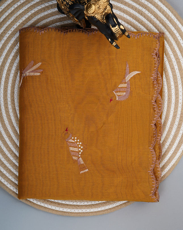 Linen saree with thread work motifs and scallop border - Mustered Yellow
