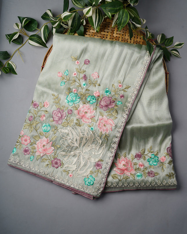 Tissue Georgette With thread Embroidery Work And Border - P Green